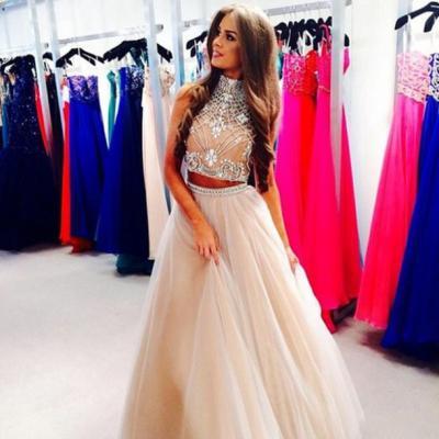 Two Piece Prom Dresses 2015, Crystal Beaded Top Long Prom Dress, Formal Prom Dress, High Quality Prom Dress, Custom Made Prom Dress