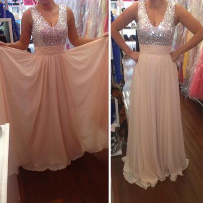  Light Pink Sequins Long Prom Dresses, Prom Gowns, Formal Gowns, Evening Dresses, Chiffon Prom Dresses,Prom Dresses 2015