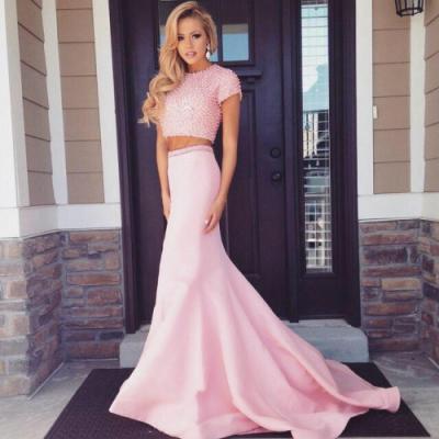  Pink Floor-Length Beading Prom Dresses, Sexy Evening Dresses, The Charming Prom Dresses,Two Pieces Prom Dresses On Sale,
