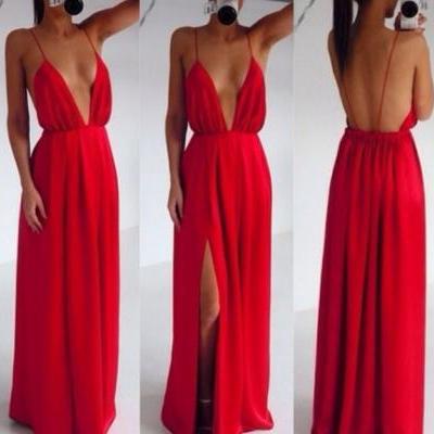 Custom Made V Neck Red Long Prom Dresses, Red Formal Dresses 2015, Red Evening Dresses，Red Sexy Party Dress,Evening Dress On Sale,