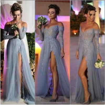 2015 New Fashion Long Sleeves Dresses Party Evening A Line Off Shoulder High Slit Vintage Lace Grey Prom Dresses Long Tulle Formal Gowns