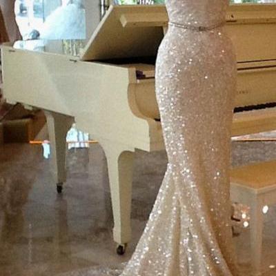 2016 Gorgeous Champagne Prom Dresses,Sexy Strapless Merrmaid Prom Dress,Sequins Prom Dress,Formal Prom Dress 2016,Long Train Evening Dress,