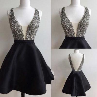 High Quality Prom Dress 2016,Beading Homecoming Dresses,Cute A-line Homecoming Dresses,Backless Short Homecoming Dress,Party Dress,Black Short Prom Gowns,Formal Dress
