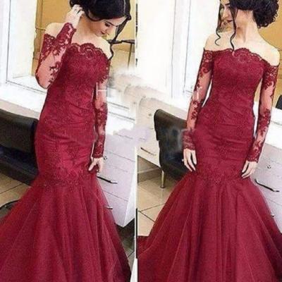 Burgundy Long Sleeves Prom Dress, Mermaid Style Burgundy Prom Dress, Off the Shoulder Prom Dres, Lace Appliques Homecoming Evening Dress,Printed Dress,Luxurious Party Formal Dress,