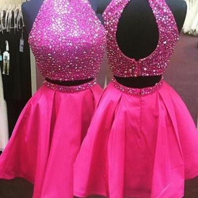 Two Piece Prom Dress,Short Prom Dress,Graduation Dresses,Two-piece Hot Pink Short Homecoming Dress,Party Dress,Little Pink Dress,Backless Graduation Dress,Besding Homecoming Dress,