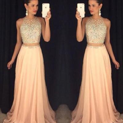 2016 Prom Dress, Sexy Peach Prom Dress, Beading Prom Dress,Two Pieces Prom Dress, Long Evening Gown, Prom Dresses for Teens,Graduation Dress, High Quality Evening Gowns