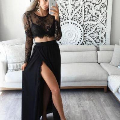 Sexy A-line Two-piece Black Lace Long Prom Dress Evening Dress with Side Slit,Chiffon Prom Gowns,Long Prom Dress,Party Dress,Evening Prom Dress,