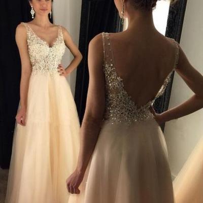 Newest 2017 V-Neck Appliques Beaded Long A-line Beige Tulle Prom Dresses, Backless Prom Dress,2017 Prom Dress,Modest Prom Gowns,Party Dress,Women Dress,Charming Evening Dress,