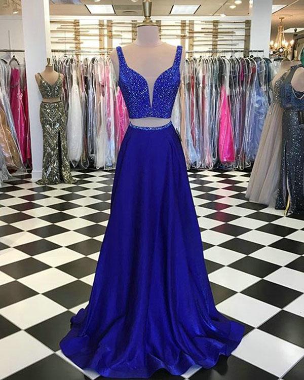 blue two piece prom dress