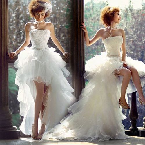 New Fashion High Low White Beach Wedding Dress Tulle High Low White