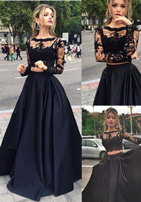 Two Pieces Prom Dress 2016 High Quality Black Lace Long Two Pieces Prom Dress 2016 High Quality Black Lace Long Sleeve Satin Gowns A Line Evening Party