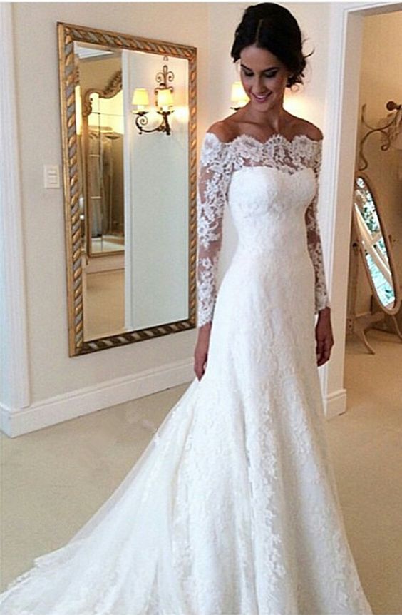 White Off The Shoulder Wedding Dress Lace Long Sleeve Bridal Gowns
