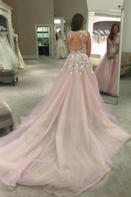 Blush Wedding Dress On Luulla Glamorous V Neck Prom Dress Sweep Train Sleeveless Dresses Lilac