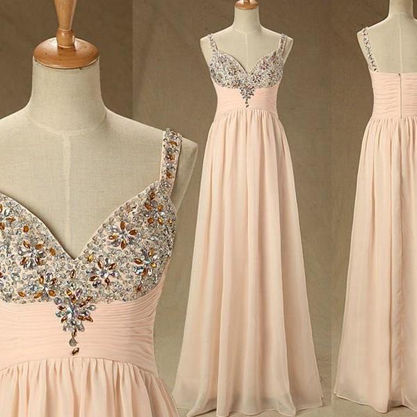 Modern Flesh Pink Long Chiffon Party Gown Deep Vneck Beaded Crystal