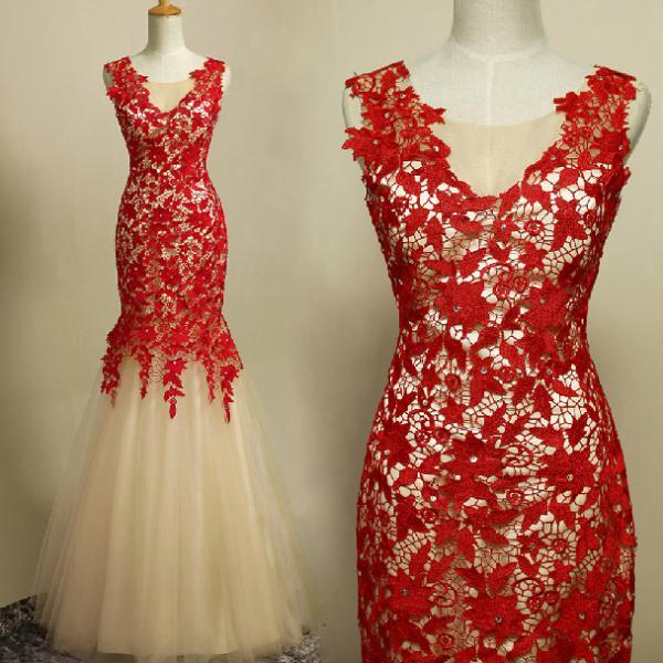 Hot Sale Red Lace Long Pro..