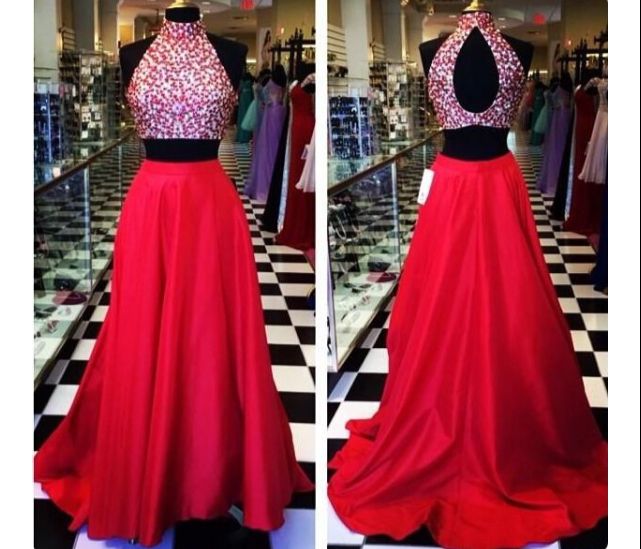 Fashion 2 Pieces Red Prom Dress,long Evening Dress, Red Formal Prom