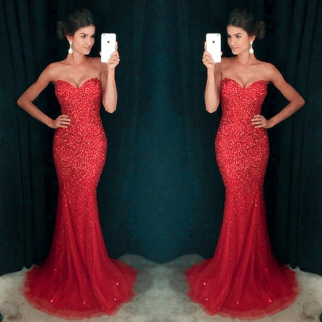 Sexy Mermaid Beaded Prom Dress, Evening Party Dresses For Prom ,Sweetheart Prom Dress,Red Sequin Prom Dresses,Tulle Prom Dresses,Modest Prom